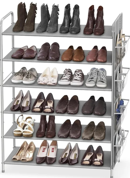 6-teir grey shoe rack with hanging pockets. thumbnail