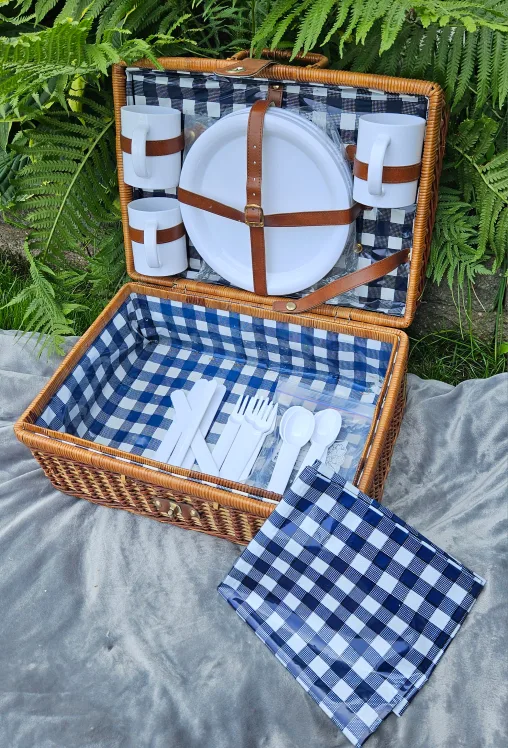 Vintage Lined Wicker Picnic Basket Set thumbnail