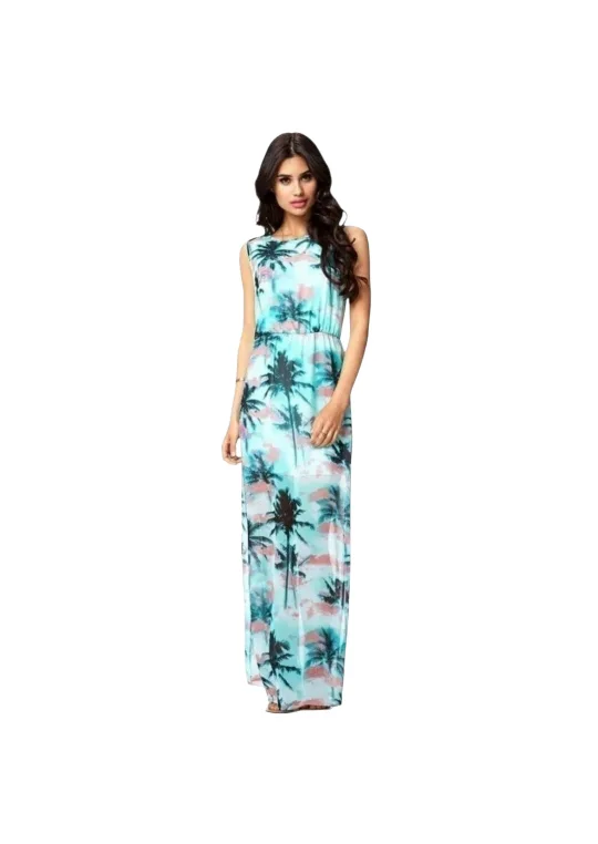 Turquoise Tropical Print Sleeveless Maxi Dress thumbnail