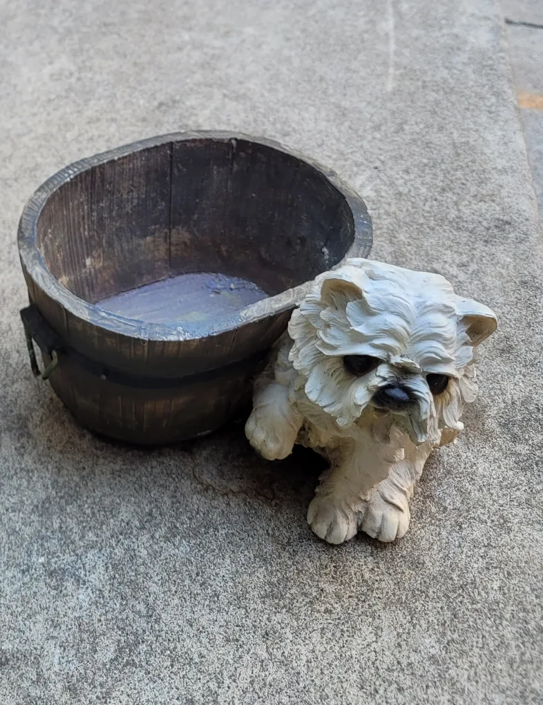 #freecycle Dog Figurine with Wooden-Style Bucket Planter thumbnail