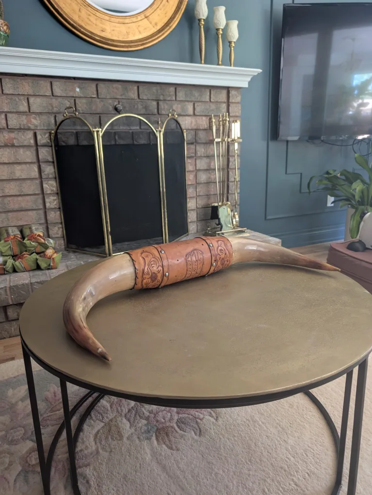 Decorated Bull Horn wall mounted with engraved Leather thumbnail