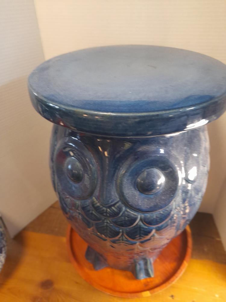 Blue Ceramic Owl Garden Stool