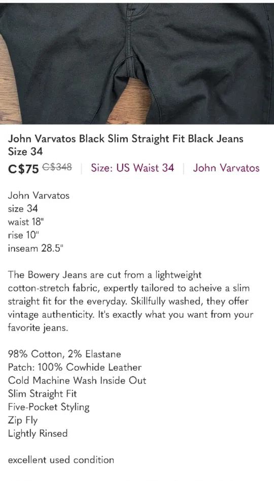 John Varvatos Bowery Black Jeans, Size 34 image indicator(3)