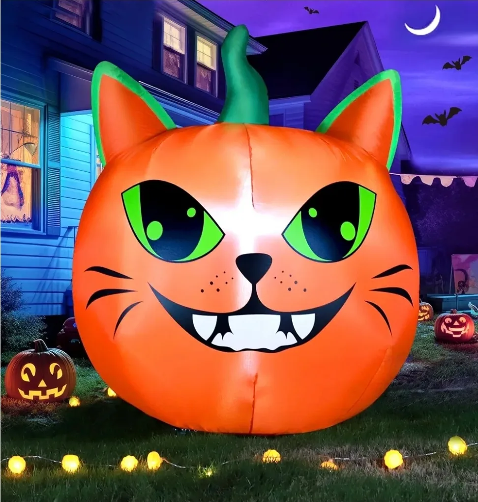 2 Brand New 2 Pack Halloween Inflatable Pumpkin Cat, Lights thumbnail