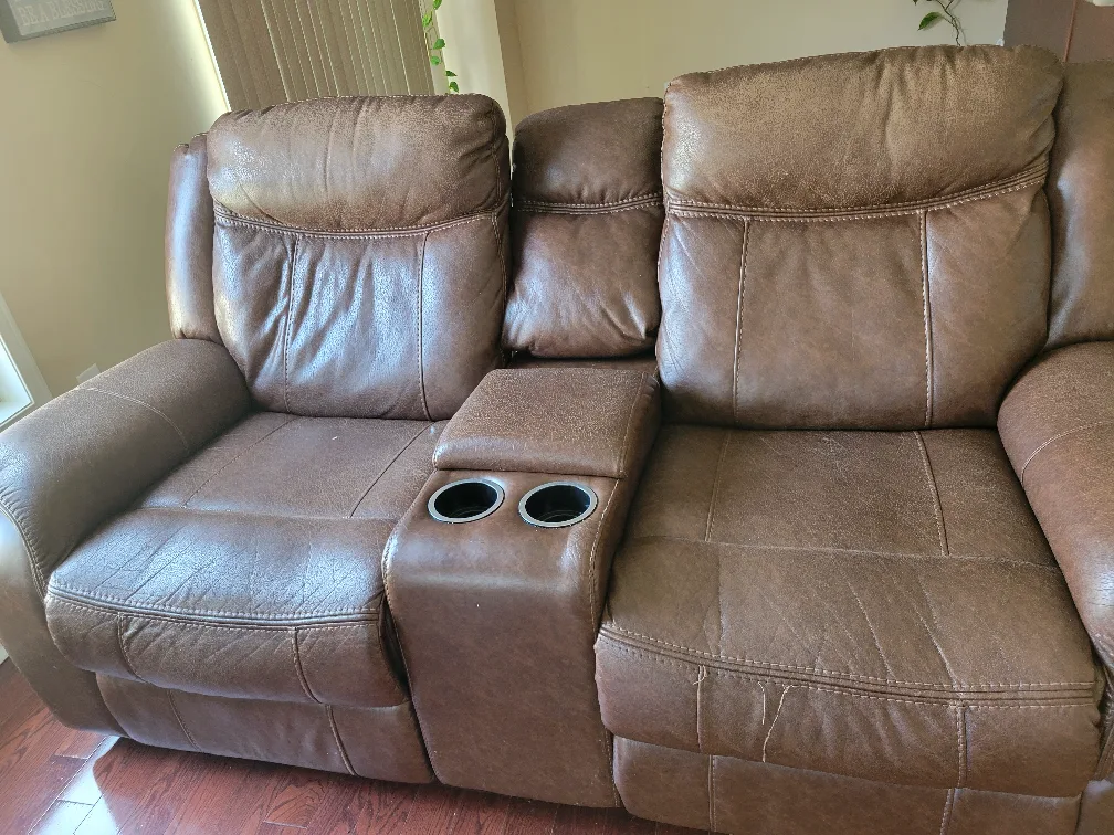 Brown Leather Reclining Loveseat with Console thumbnail
