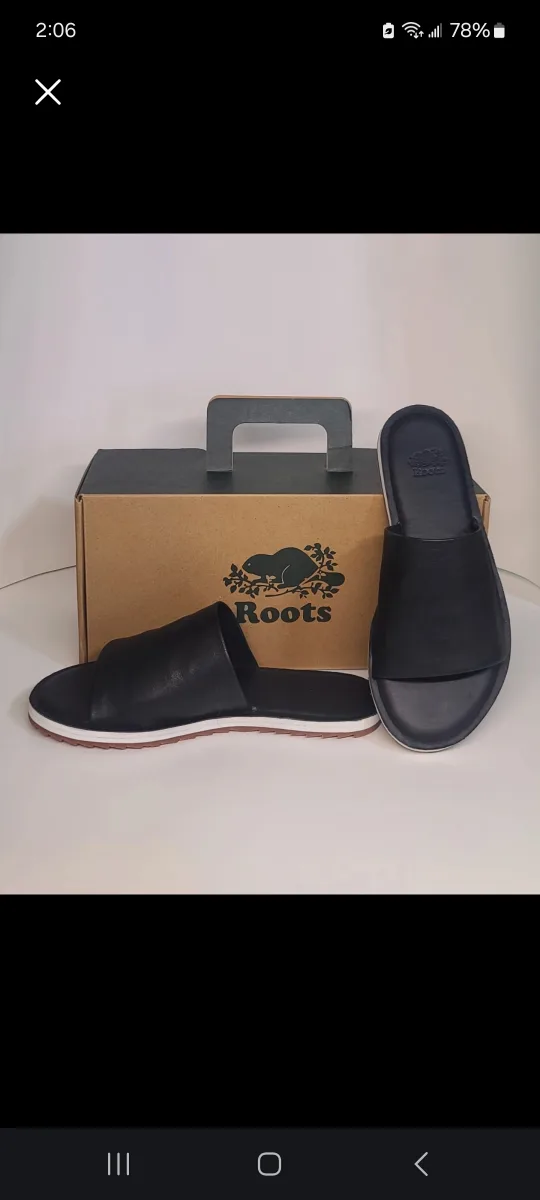 Roots Black Leather Slides with Box thumbnail
