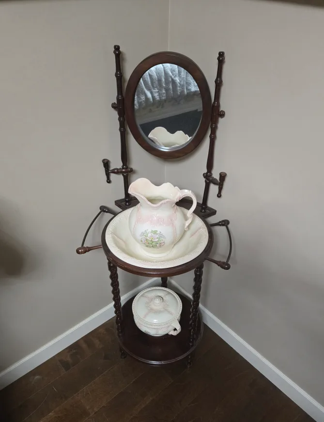 Antique Washstand with Mirror & Pitcher thumbnail