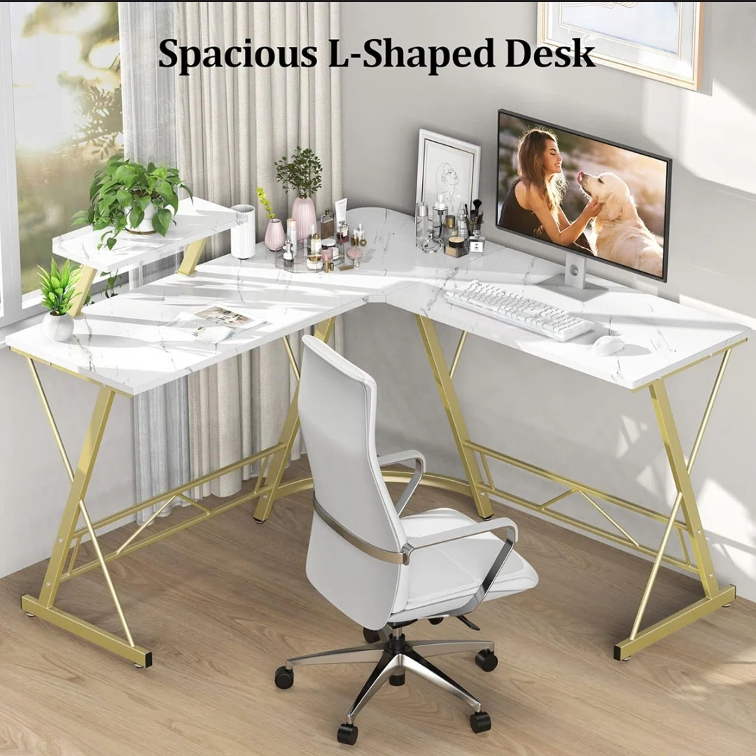 L-Shaped Desk - Spacious & Stylish - Gold and faux marble