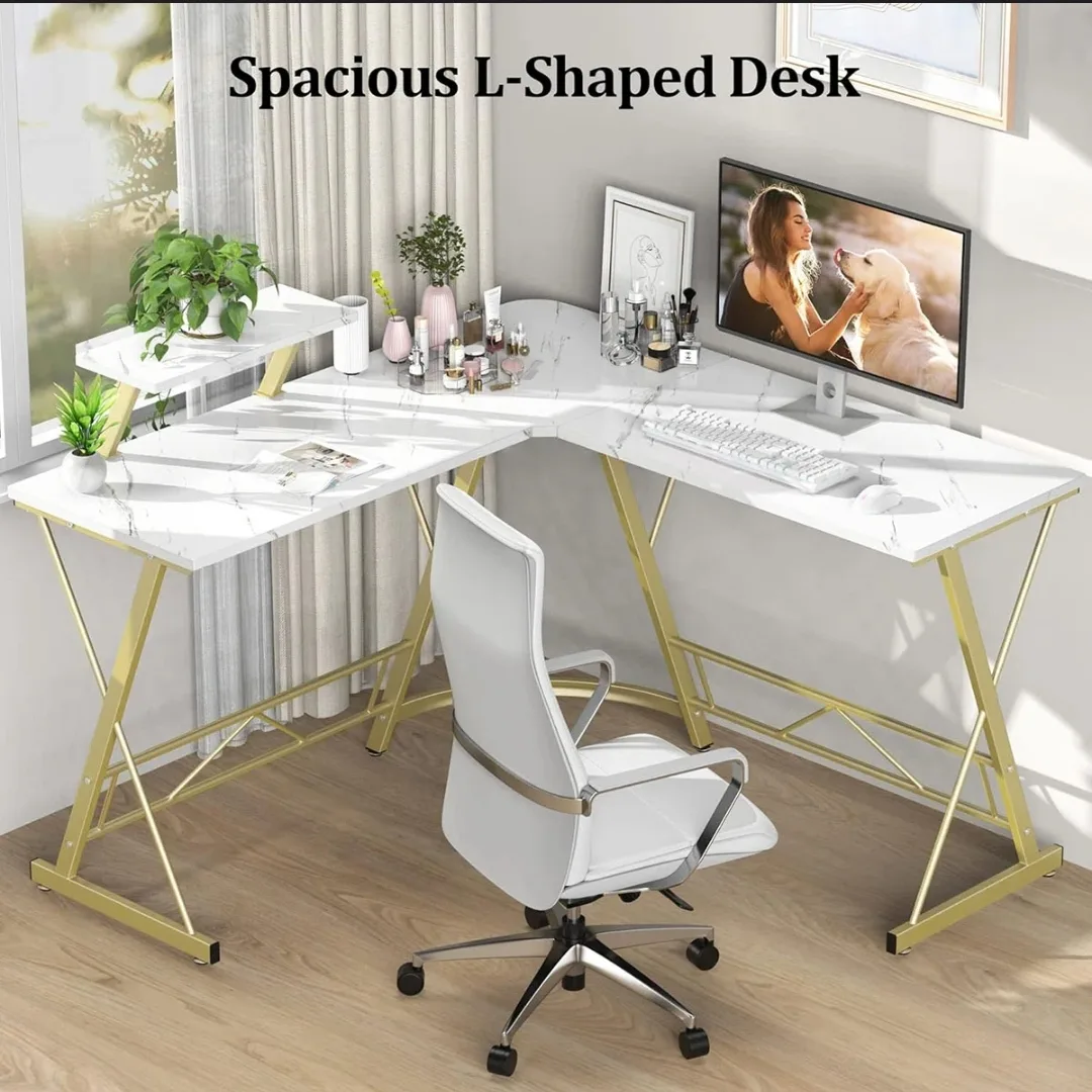 L-Shaped Desk - Spacious & Stylish - Gold and faux marble