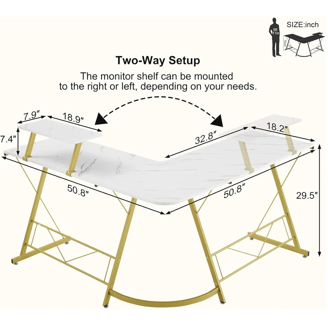 L-Shaped Desk - Spacious & Stylish - Gold and faux marble - photo 2