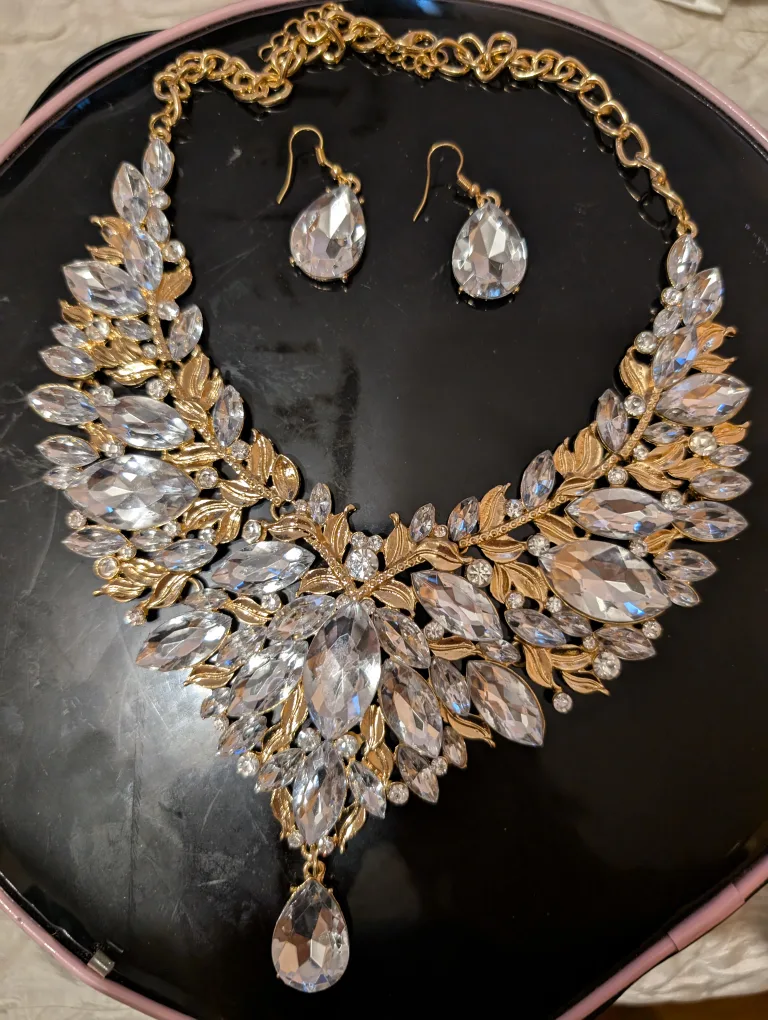 Gold & Crystal Statement Necklace with Earrings thumbnail