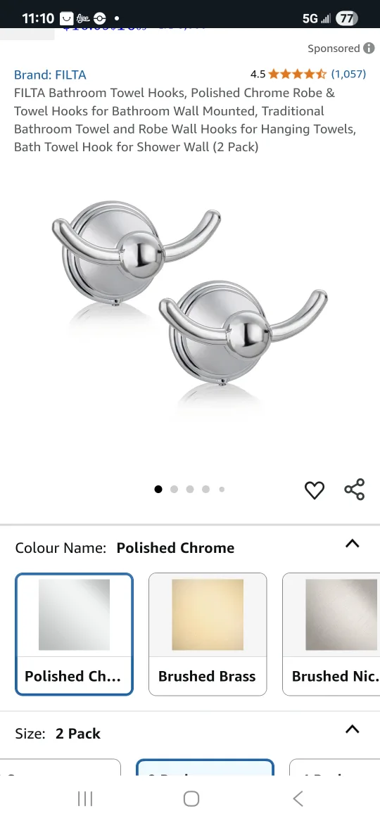 FILTA Polished Chrome Towel Hooks - 2 Pack thumbnail