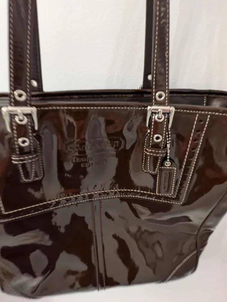 Coach Authentic Chocolate Brown Patent Leather Tote Bag thumbnail
