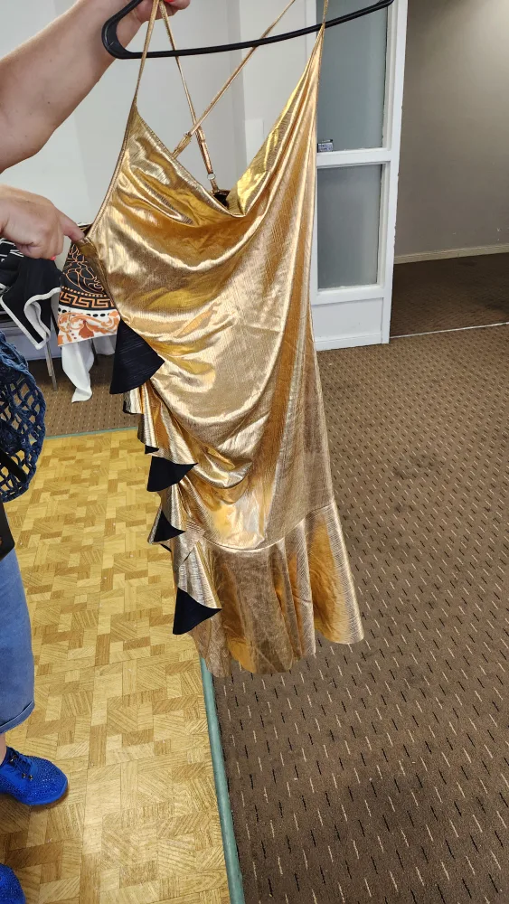Gold Dress with Black Ruffle Details thumbnail
