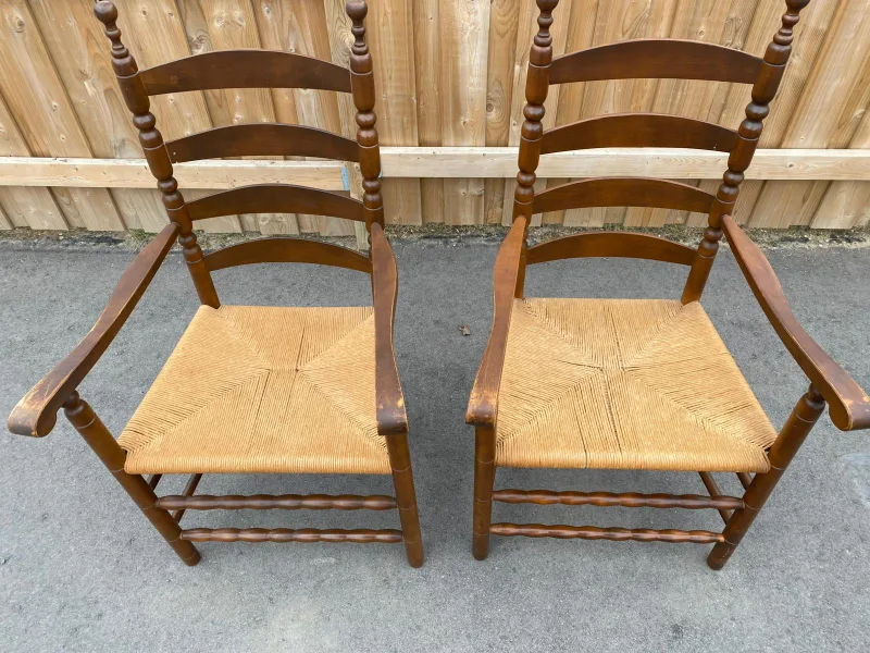 Pair of Vintage Wooden Armchairs with Woven Seats thumbnail