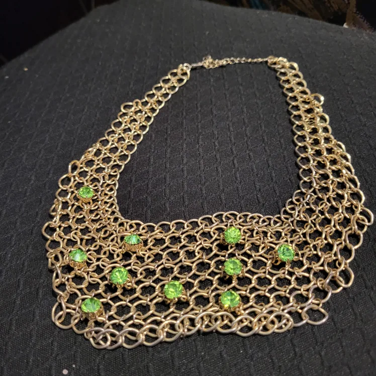 Gold Chainmail Necklace with Green Accents thumbnail
