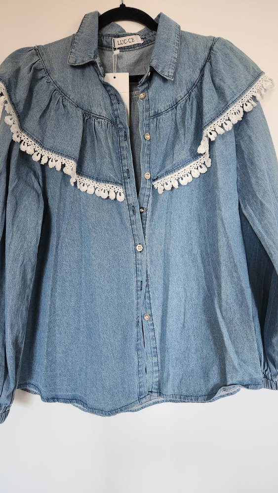 LUC-CE Denim Blouse with Lace Trim