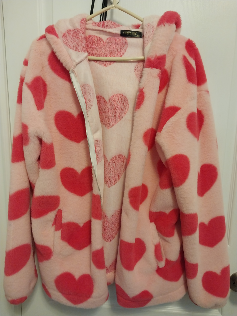 Pink Heart Print Fuzzy Jacket