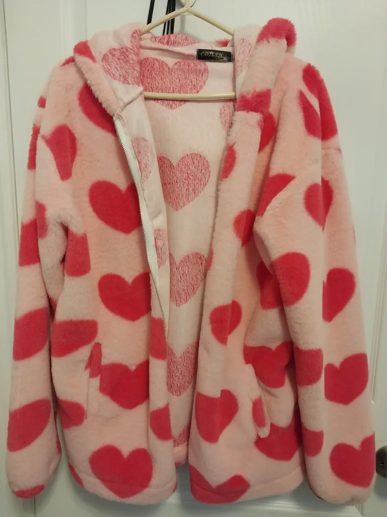 Pink Heart Print Fuzzy Jacket thumbnail