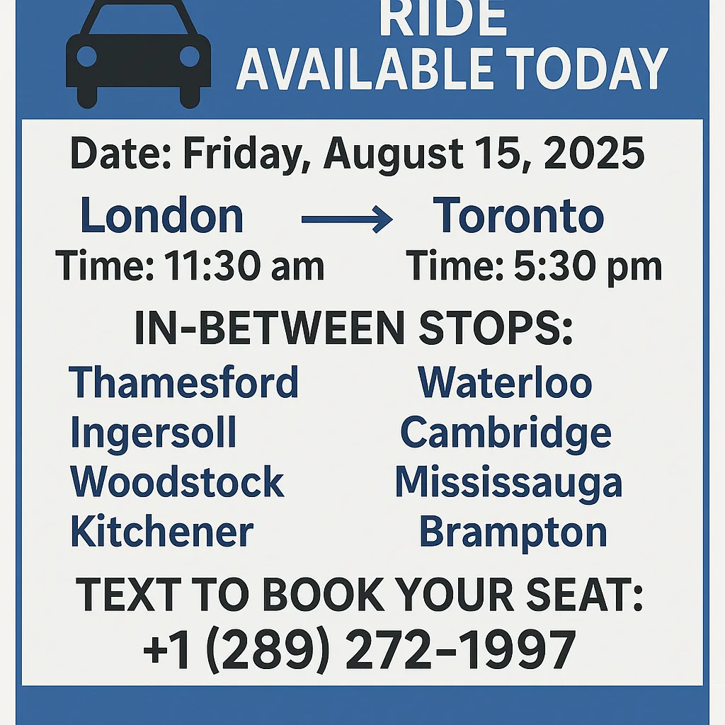 Ride Available: London to Toronto - August 15, 2025 thumbnail