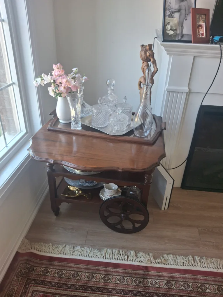 Antique Wooden Tea Cart with Wheels thumbnail