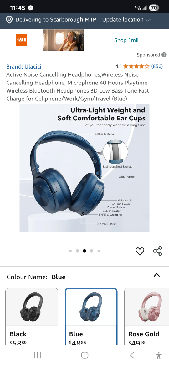 Ulalci Active Noise Cancelling Headphones - Blue - photo 3