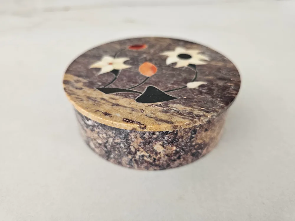 Round Stone Trinket Box with MoP Floral Inlay image indicator(2)