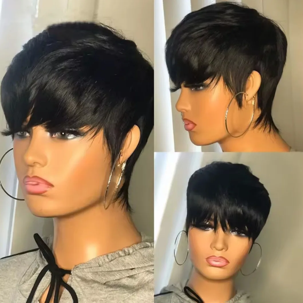 Short Pixie Cut Human Hair Wig Straight with Bangs No Lace image indicator(3)