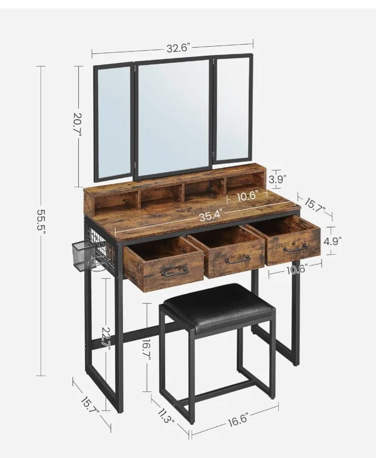 Vanity Desk with Tri-Fold Mirror & Stool thumbnail