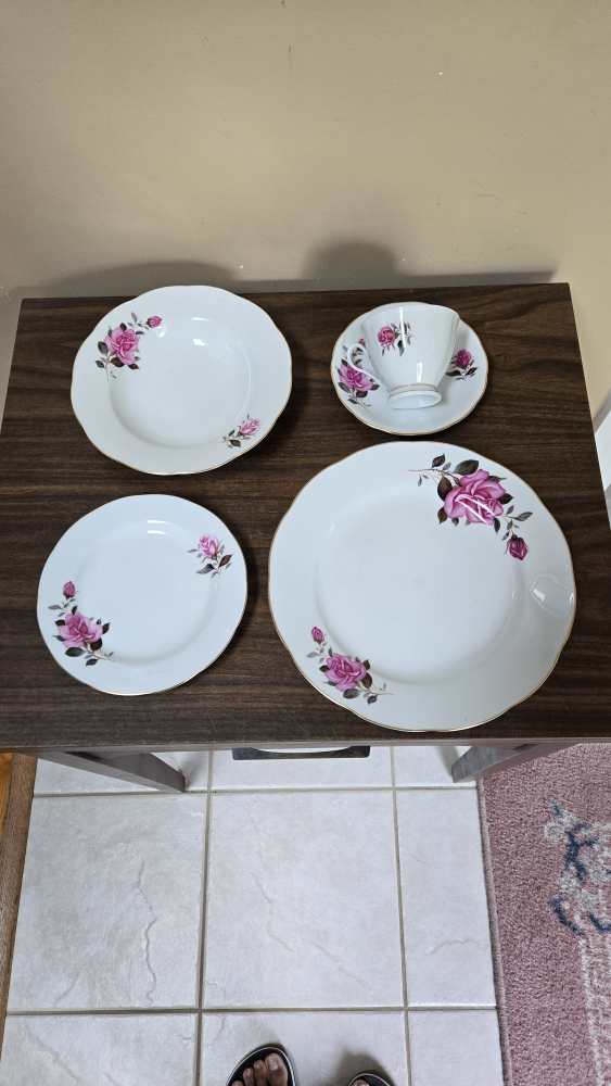 Vintage China Plate Set with Pink Roses