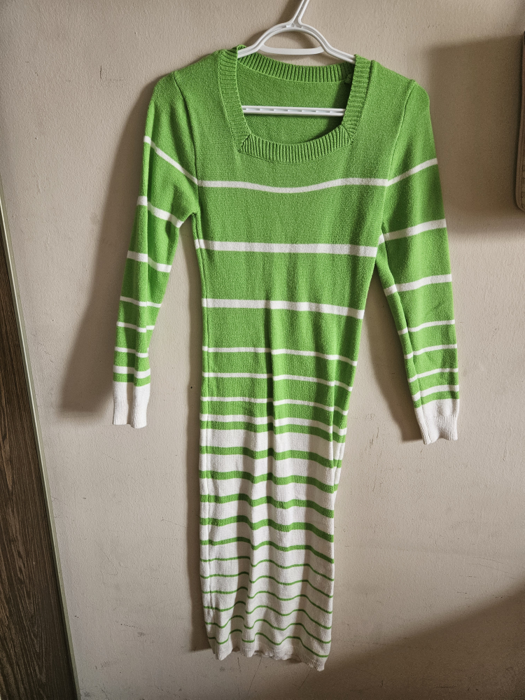 Green & White Striped Knit Dress