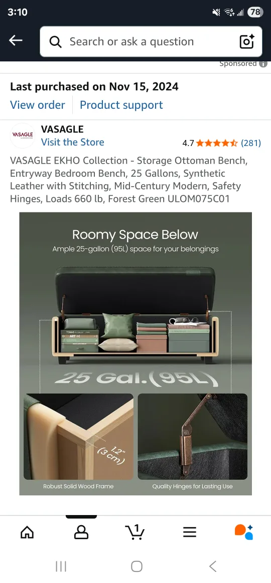 *NEW IN BOX*  Vasagle Storage Ottoman Bench - Forest Green image indicator(6)