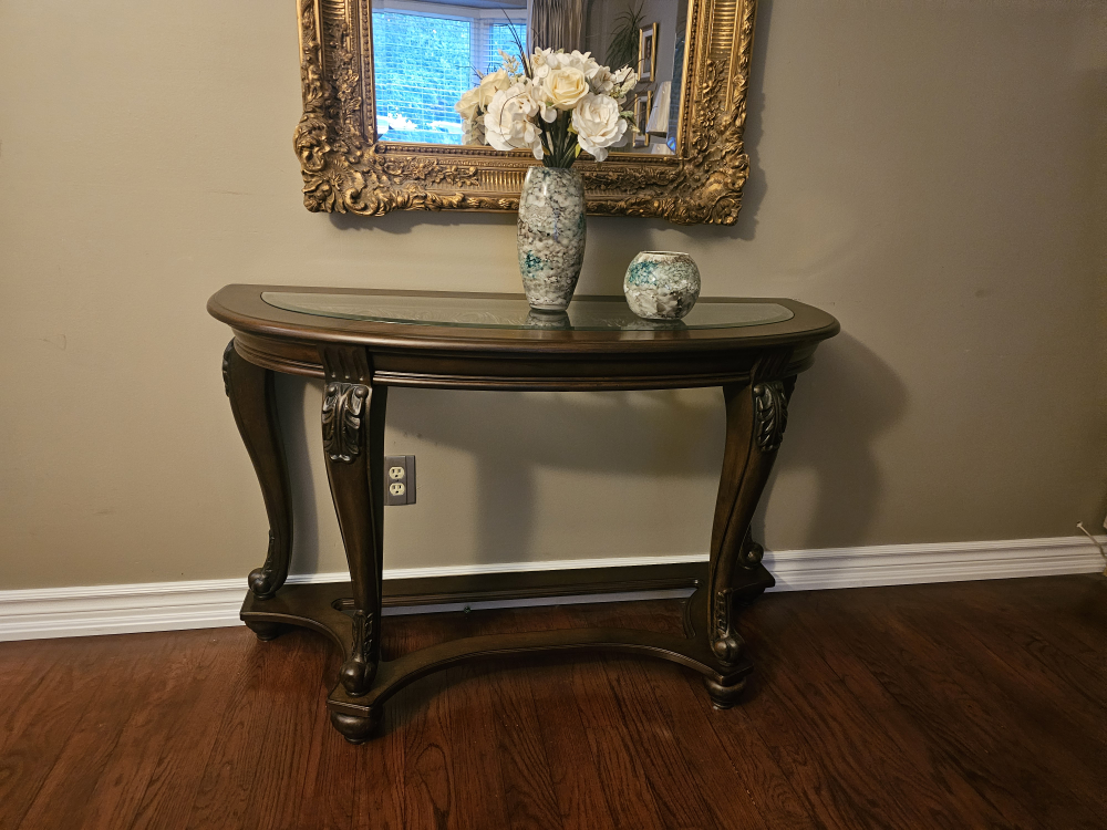 Dark Wood Console Table with Glass Top