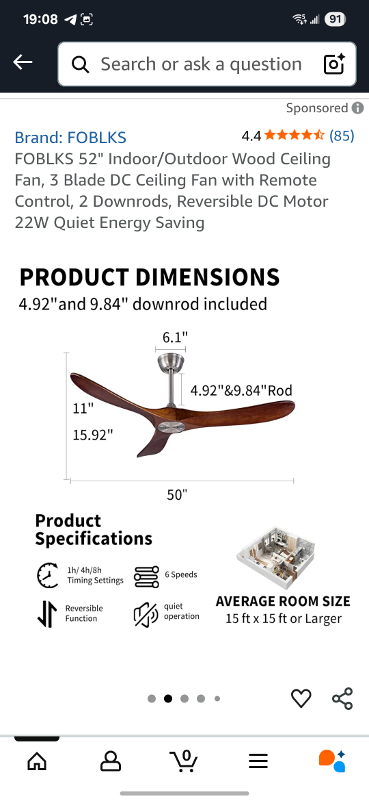 Foblks 52" Indoor/Outdoor Wood Ceiling Fan - NEW