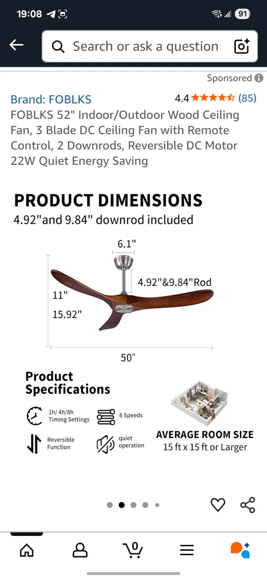 Foblks 52" Indoor/Outdoor Wood Ceiling Fan - NEW thumbnail