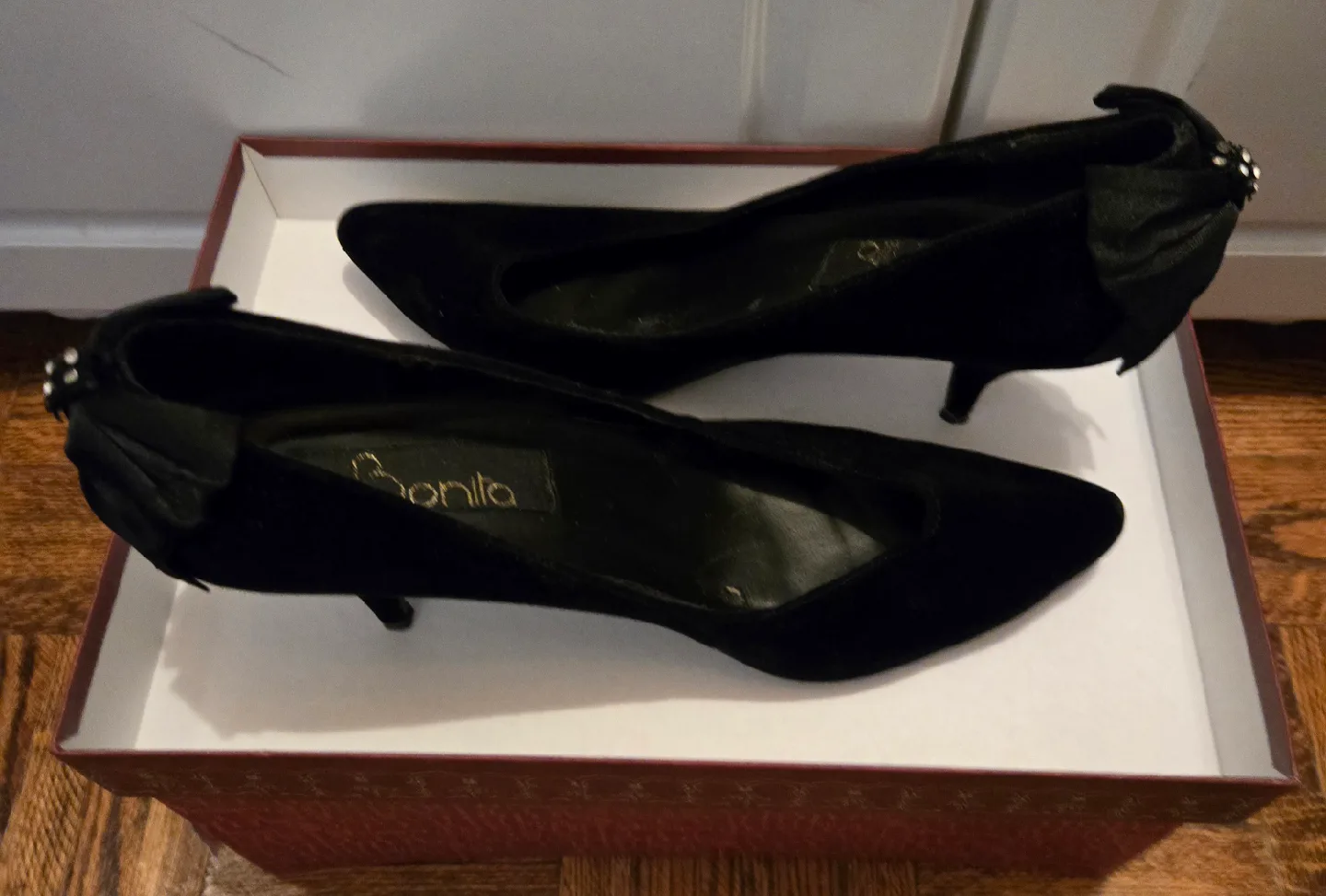 BONITA Black Suede/Velvet Heels + Bow & Gem Details - Size 8