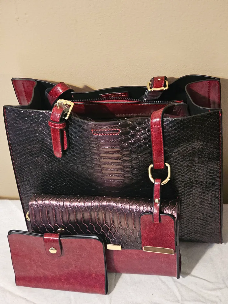 Black & Burgundy Tote Bag with Wallets thumbnail