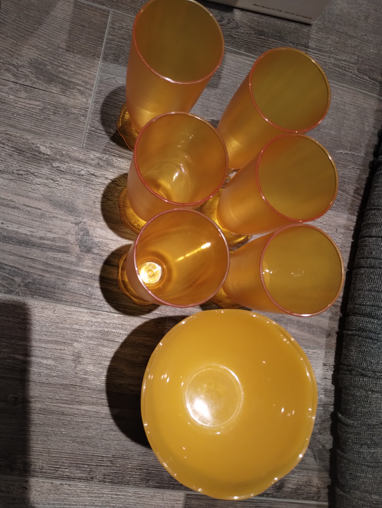 Amber Glass Bowl and Goblet Set