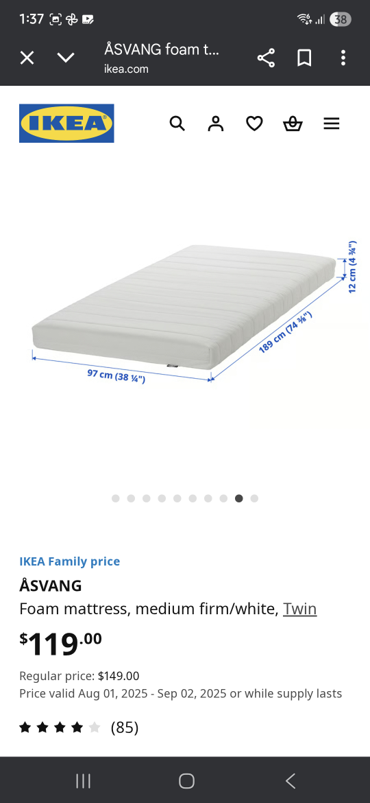 IKEA ÅSVANG Twin Foam Mattress - White