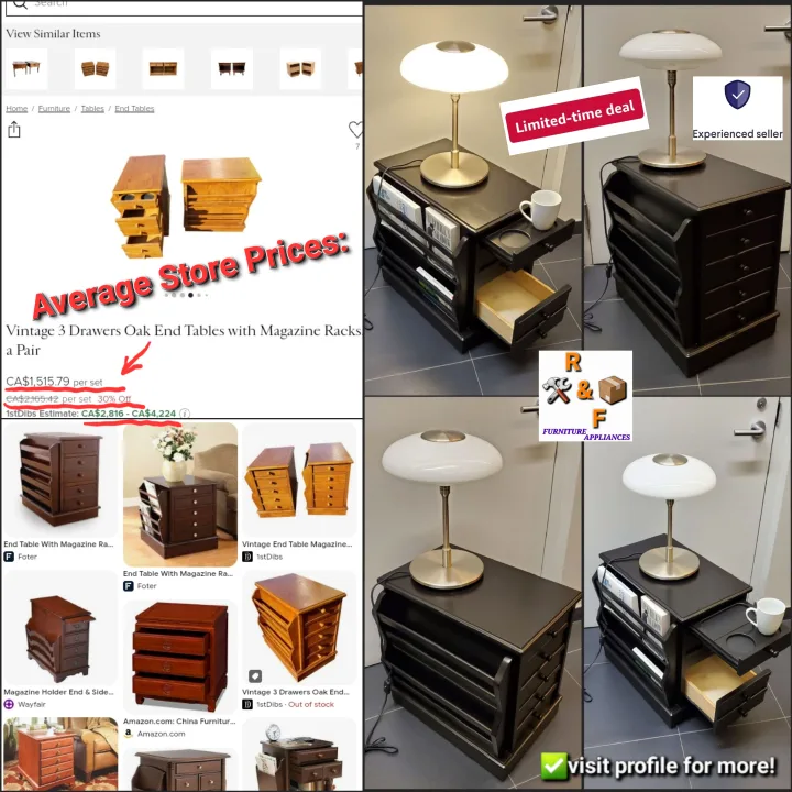 ➡️3 Drawers, End Table Walnut, Solid Wood, w. Cup Holders thumbnail