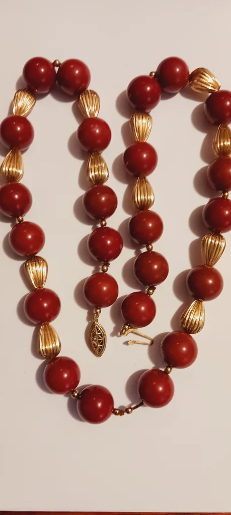 Gold Vermiel Silver Flutes & Genuine Red Jasper Beads  Necklace thumbnail