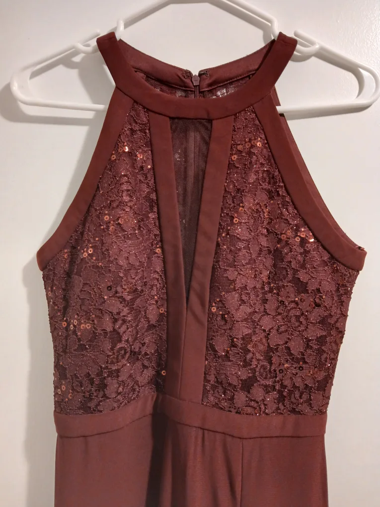 Morgan & CO burgundy sequined event dress with slit, size 3/4 thumbnail