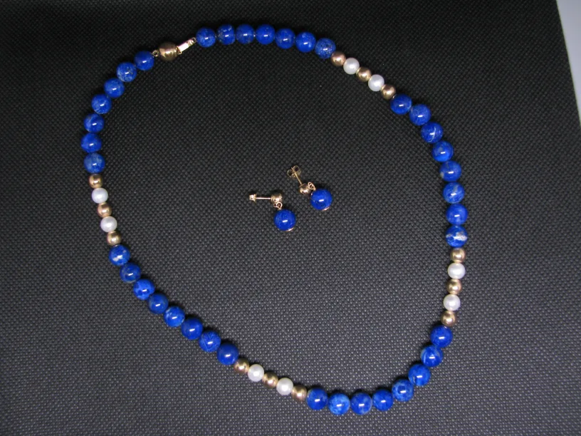 6-6.5mm Lapis Necklace, Earrings - 16", with 14k Gold and Pearls