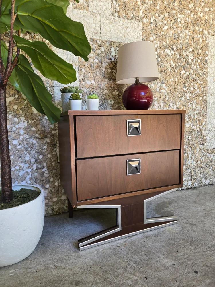 Art Deco Single Walnut Nightstand With Chrome Accents thumbnail