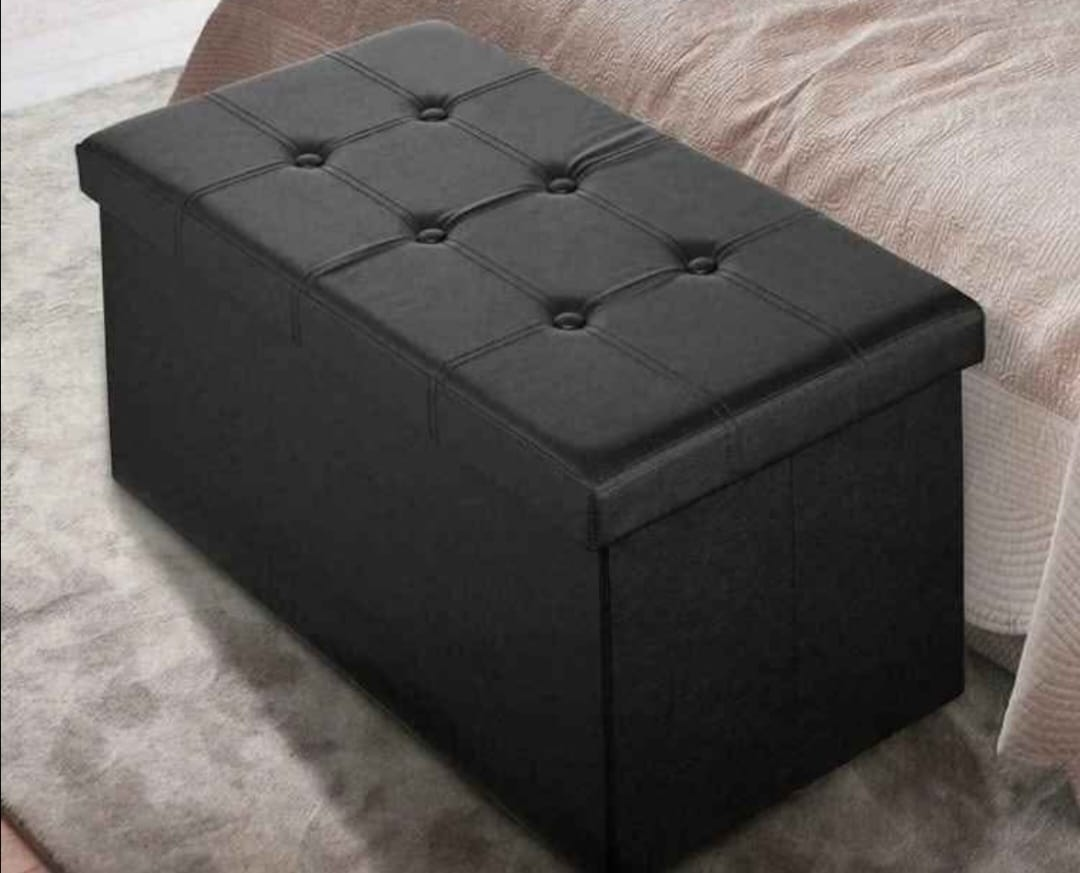 Black Faux Leather Storage fordable Ottoman