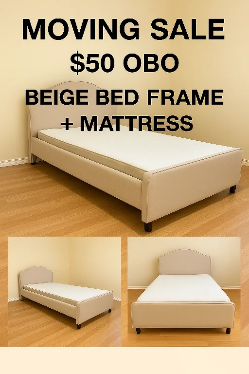 Beige Bed Frame + Mattress thumbnail