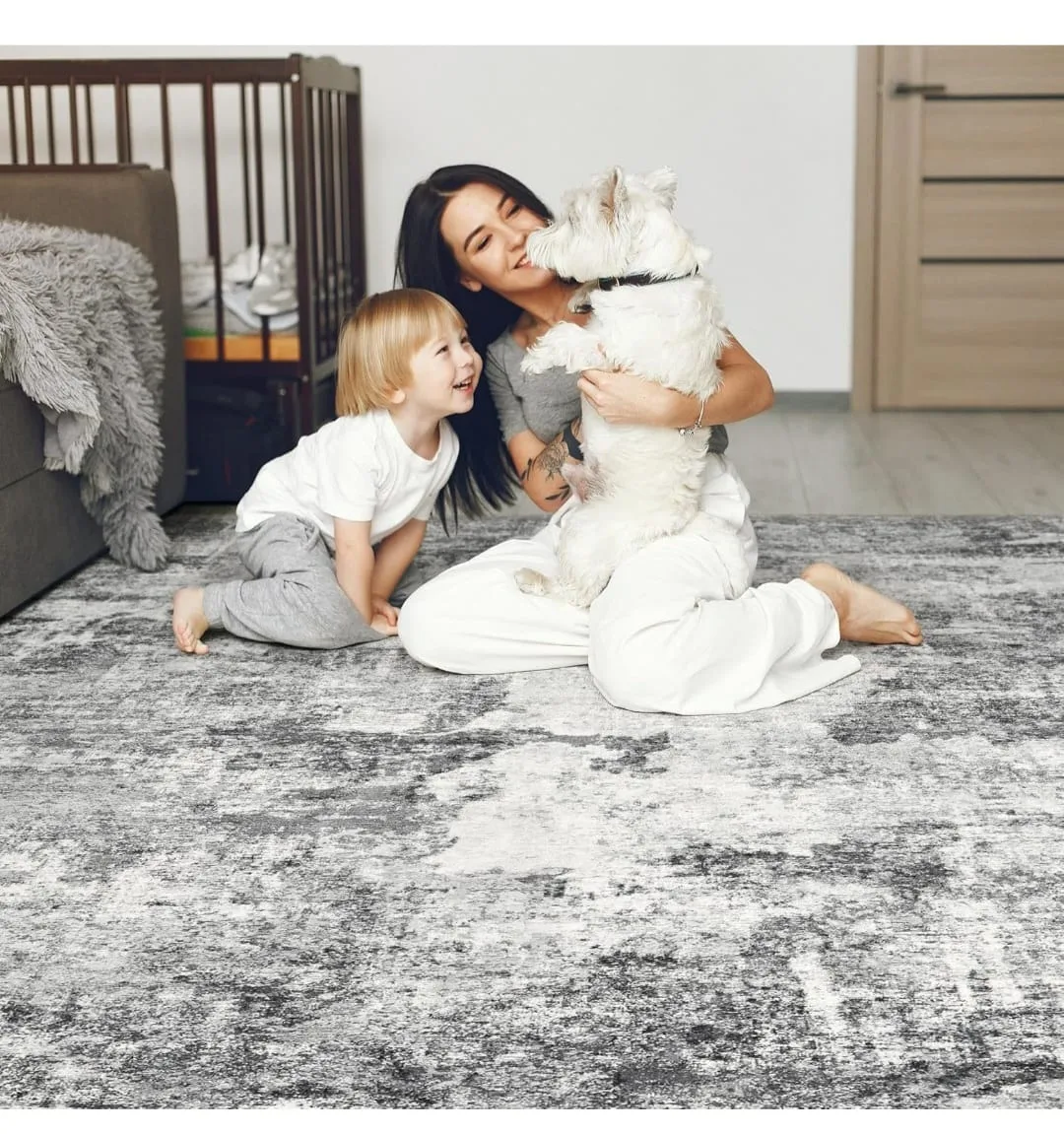 Grey & White Area Rug - Machine Washable thumbnail