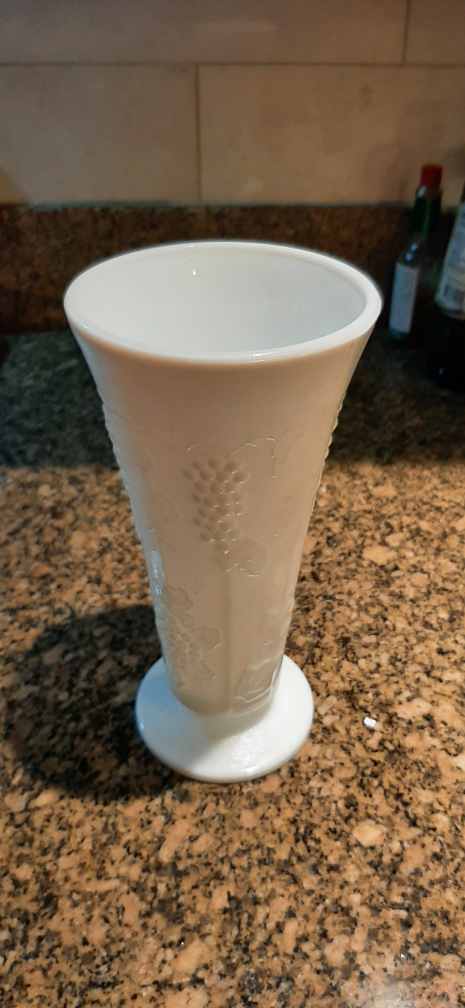 Vintage White Milk Glass Vase with Grape Design - photo 2