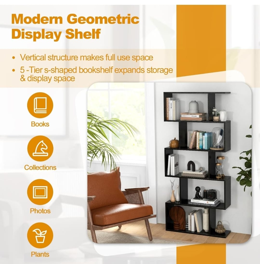 5-Tier Geometric Bookshelf, S-Shaped Bookcase - photo 3