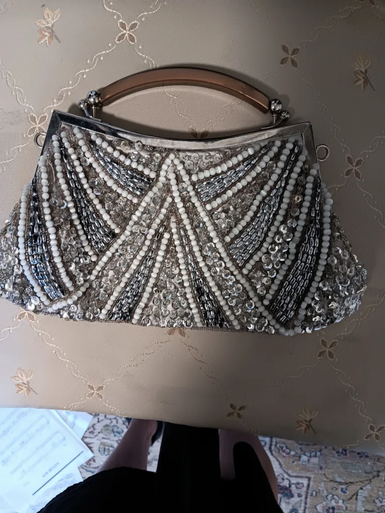 Beaded Vintage Evening Bag - Silver & White thumbnail